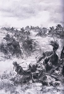 Niederlage der 14. russischen Kavalleriebrigade bei Praszysz, aus Die illustrierte Geschichte des Weltkriegs 1914-1915, veröffentlicht von Union Berlagsefellfchaft von Anton Hoffman