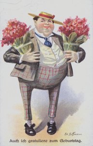 Geburtstagskarte mit einem Mann, der Blumensträuße trägt
