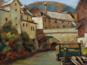Ansicht einer Stadt mit Fluss und Brücke