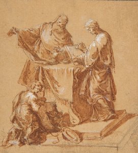 Ein Hohepriester, die Prophetin Anna und ein kniender Junge um einen Tisch, 1745 von Anton Kern