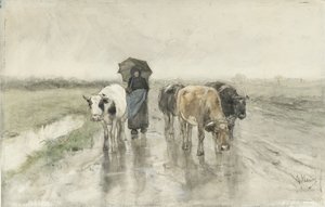 Eine Bäuerin mit Kühen auf einem Landweg im Regen von Anton Mauve