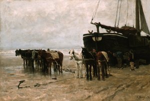 Bomschuit mit Schlepppferden am Strand von Scheveningen von Anton Mauve