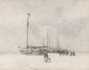 Fischerboote am Strand im Winter, Mitte bis Ende des 19. Jahrhunderts