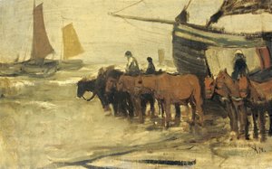 Das zu Wasser lassen eines Fischerkutters