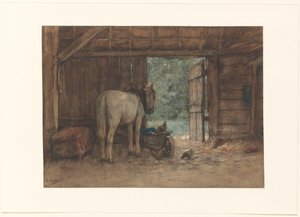 Pferd in einem Stall bei einer offenen Stalltür von Anton Mauve