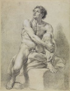 Sitzender männlicher Akt, etwa frontal, das linke Bein hochgestellt und mit beiden Händen gehalten von Anton Raphael Mengs
