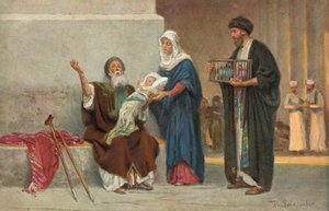 Maria und Josef präsentieren das Jesuskind Simeon