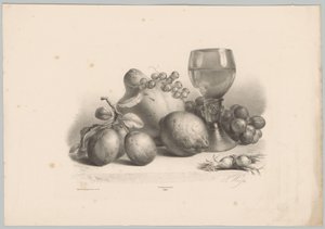 Stillleben mit Glas, Pflaumen, Zitrone, Trauben und Haselnüssen