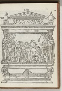 Zweite verzierte Bühne mit Szene: der Prinz vertreibt Krieg und Zwietracht, 1577