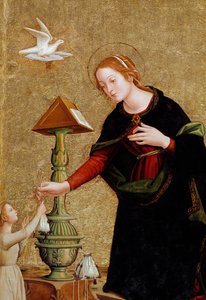Detail der Jungfrau, aus Verkündigung mit Kardinal Juan de Torquemada (Gemälde, ca. 1460) von Antoniazzo Romano