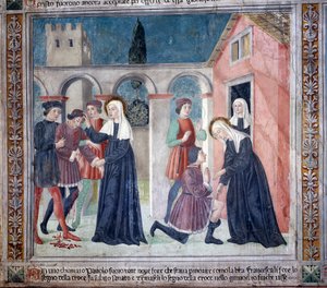 Leben der Heiligen Francesca Romana: Die Heilige heilt einen verwundeten Mann von Antoniazzo Romano