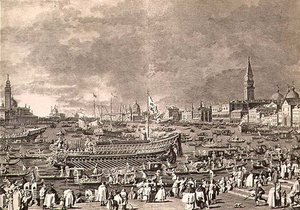 Die Ausschiffung des Dogen auf der Bucintoro zur Hochzeit mit dem Meer, graviert von Giovanni Battista Brustolon von Antonio (after) Canaletto