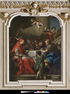 Heiliger Gregor der Große an einem Tisch mit Jesus als Pilger verkleidet, neben dem Papst die Taube des Heiligen Geistes, 1729-1731