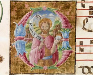 Johannes der Täufer Lettrine, illuminiert von Antonio Cicognari. Detail eines Antiphonars. 1483. Cremone, choral 4, capitolo del duomo von Antonio Cicognara