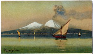 Geographie. Vulkan Vesuv und die Bucht von Neapel. Illustration von A. Coppola, Italien, ca. 1920