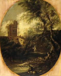 Landschaft mit Einsiedler, Pilger und Bäuerin von Antonio Francesco Peruzzini (attributed to)