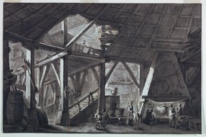 Bühnenbild, Innenraum eines zerstörten Bauernhauses von Antonio Giuseppe Basoli
