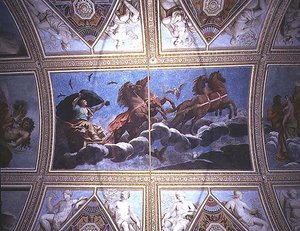 Die Personifikation der Nacht fährt in einem Wagen über den Himmel, Deckenmalerei von Antonio Maria Viani