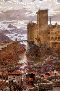 Ansicht eines romantischen Schlosses. Gemälde von Antoni Munoz i Degrain (1841-1924). Anfang des 20. Jahrhunderts. Valencia. Museum der Schönen Künste San Pio V.
