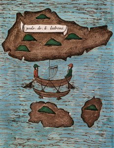 Islas de los Ladrones (heute Marianeninseln), kolorierter Holzschnitt aus Relazione del primo viaggio intorno al mondo con Ferdinando Magellano von Antonio Pigafetta