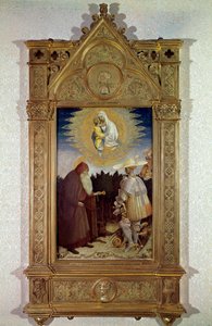 Erscheinung der Jungfrau Maria vor dem heiligen Antonius Abt und dem heiligen Georg. Gemälde von Antonio di Puccio Pisano, genannt Pisanello