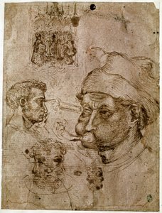 Vier Männerköpfe, zwei davon mit drei Gesichtern. Ein Altarbild. Ein Pferd. Zeichnungen aus der Werkstatt von Antonio di Puccio Pisano, genannt Pisanello (1395-1455). Braune Tinte, Feder (Zeichnung), Blut. Dim: 27,1x20,5cm. Louvre, Kabinett der Medaillen