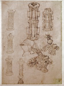 Drei Helme mit Kämmen und zwei zerstörte Kanonenstücke von Antonio Pisanello