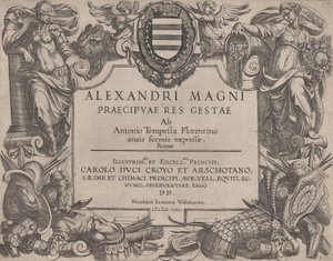 Frontispiz zum Leben Alexanders des Großen, links Bellona und rechts eine Frau, 1608