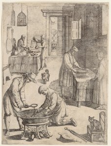 Männer und Frauen beim Wiegen, Sieben und Brühe kochen von Antonio Tempesta