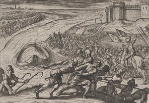Tafel 12: Ein mit Getreide beladenes Schiff ans Ufer ziehen, aus Der Krieg der Römer gegen..., 1611