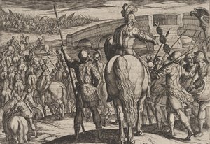 Tafel 24: Die Vorhut der neuen römischen Truppen wird zurückgeschlagen, aus Der Krieg der Römer (1611)