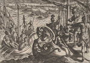 Tafel 33: Niederländische und römische Flottillen am Rhein, aus Der Krieg der Römer gegen die B..., 1611