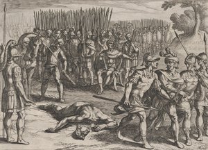 Tafel 3: Claudius Civilis verhaftet und sein Bruder Paulus enthauptet, aus Der Krieg der Ro..., 1611 von Antonio Tempesta