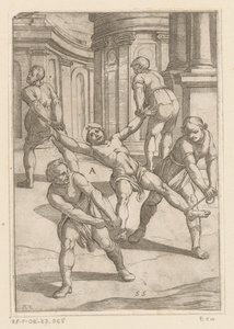Vier Männer ziehen an den Gliedmaßen eines Heiligen von Antonio Tempesta