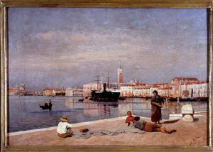 Blick auf die Lagune von Venedig von einem Dock