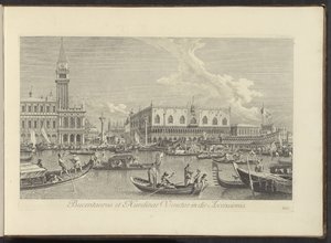 Ansicht des Canal Grande in Venedig mit dem Bucintoro des Dogen (Urbis Venetiarum prospectus celebriores, ex Antonii Canal tabulis XXXVIII aere expressi ab Antonio Vissentini)