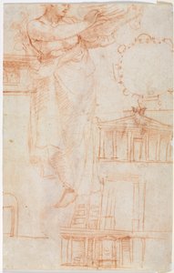 Eine drapierte weibliche Figur, möglicherweise eine Amazone, und architektonische Studien verso, ca. 1525 von Antonio da Correggio