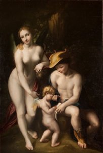 Venus mit Merkur und Amor, Die Schule der Liebe, von Antonio da Correggio, ausgestellt im Schloss Chenonceau. von Antonio da Correggio