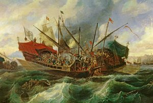 Die Seeschlacht von Lepanto zwischen der Heiligen Liga und den Türken 1571 (Detail)
