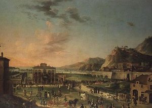 Ein Capriccio-Panorama der Reise von Karl III., König der beiden Sizilien, von seiner Villa in Portici zum Palazzo Farnese in Rom