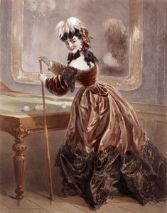 Eine Kurtisane zur Zeit des 2. Kaiserreichs beim Billardspielen (Farbstich)