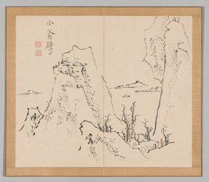 Doppelalbum mit Landschaftsstudien nach Ikeno Taiga, Band 1 Blatt 8, 18. Jahrhundert von Aoki Shukuya