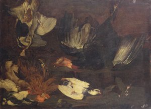 Ein toter Truthahn, Tauben, ein Hahn und andere Vögel an einem felsigen Ufer von Arcangelo Resani