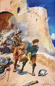 Freunde retten einen gefallenen Kameraden aus einer Burg (Farblitho)