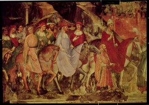 Die Geschichte von Papst Alexander III. (1105-81): Der Einzug des Papstes und Kaiser Friedrich Barbarossa (ca. 1123-90) in Rom, 1407 (Detail) von Aretino Luca Spinello or Spinelli