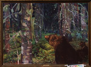 Eine Bärin (mit ihren Jungen im Nadelwald)
