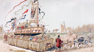 Eine königliche Barke, die im 16. Jahrhundert von Pferden auf einem Wagen zu einem Kanal gezogen wird von Armand Jean Heins