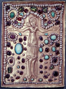 Reliquienabdeckung einer Bibel mit Christus am Kreuz (vergoldetes Silber mit Perlen und Edelsteinen) von Armenian School