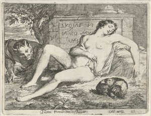 Schlafende Nymphe mit einem Hund, beobachtet von einem Satyr