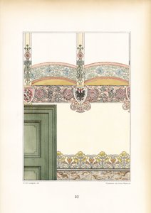 Jugendstil-Inneneinrichtung mit ornamentalen Wandfriesen und Wappen